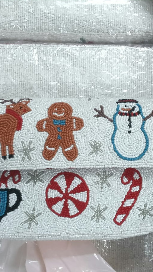Christmas Beaded Shoulder Bag, Holiday Gingerbread Purse, Snowman Reindeer Handbag, Candy Cane Beaded Bag, Festive Gift for Her