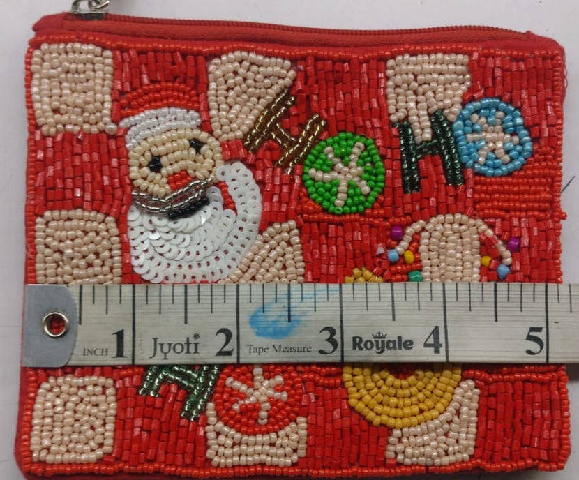 Christmas Beaded Coin Pouch, Santa & Reindeer, Festive Gift for Her- 5*4 inches approx