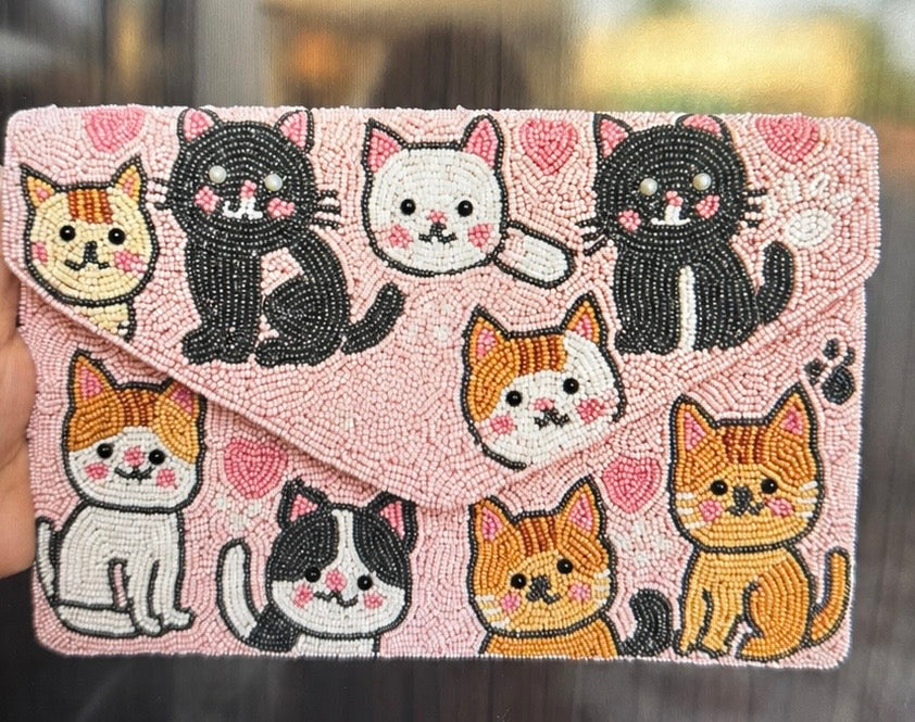 Cute Cat Beaded Sling Clutch Bag, Pink Kitty Purse, Handmade Beaded, Cat Lover Gift, Statement Clutch