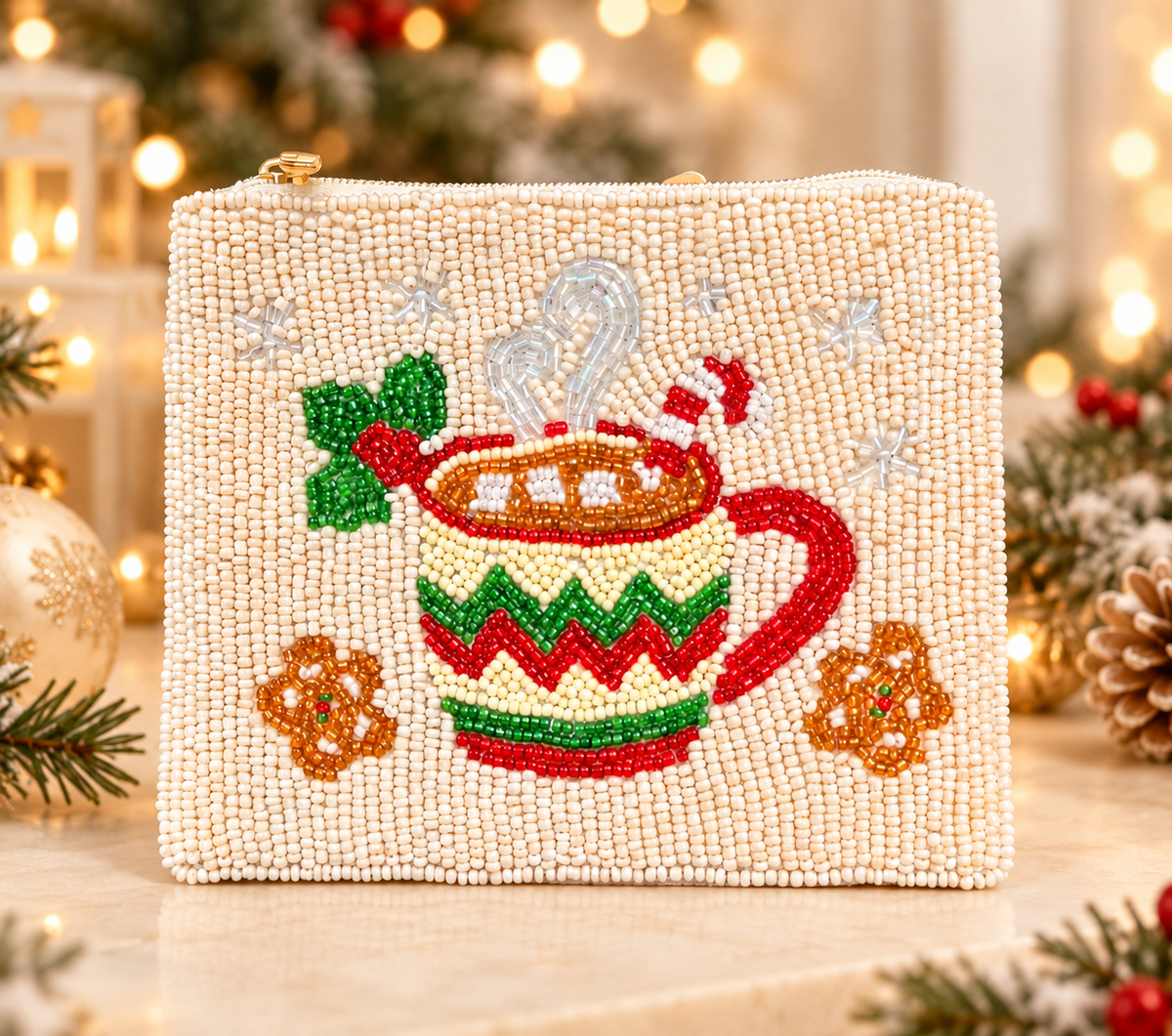 Christmas Hot Cocoa Beaded Pouch, Holiday Mug, Gingerbread Beaded, Festive Zipper Purse