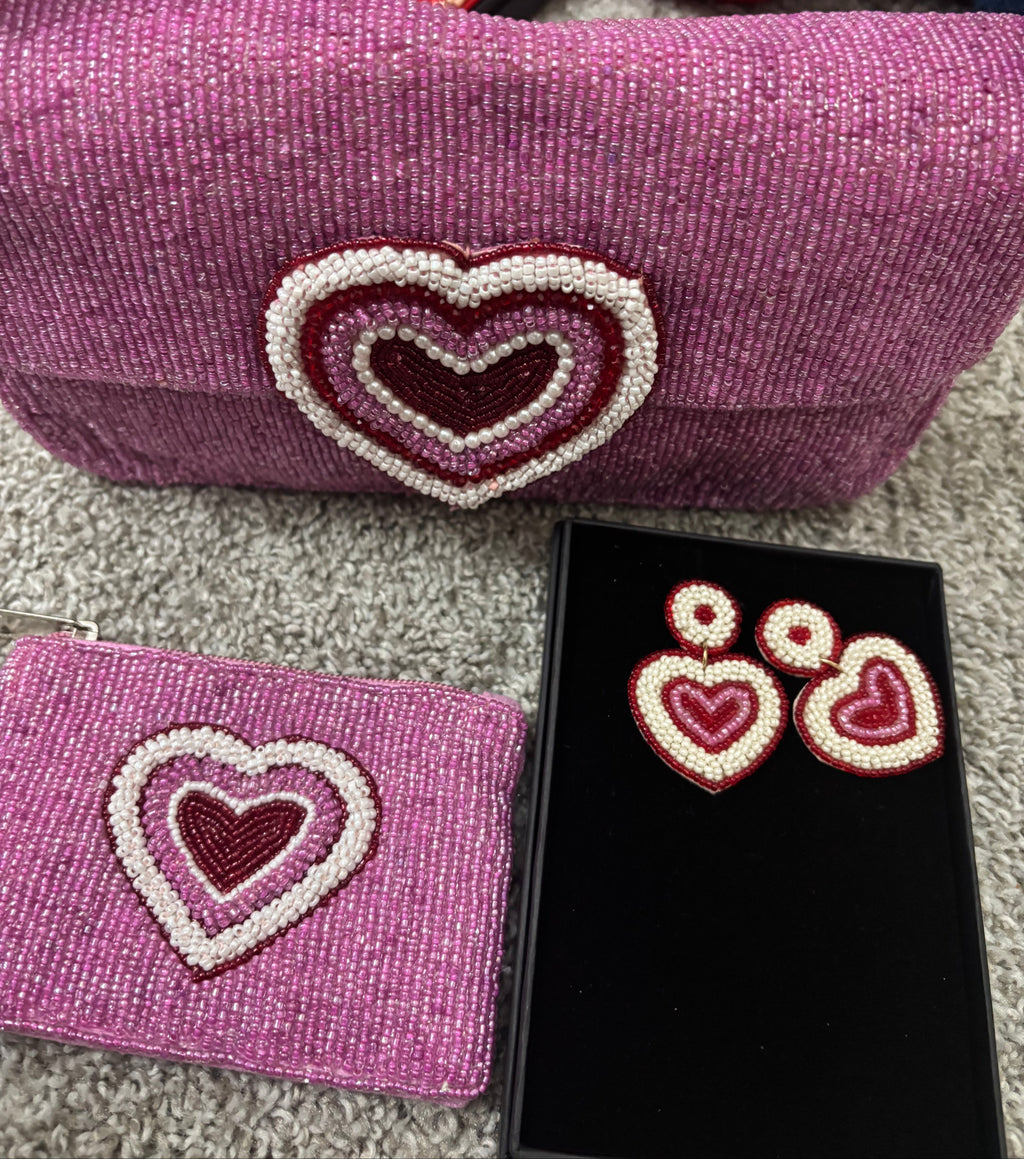 Pink Heart Beaded Shoulder Bag | Heart earings | Bridal Party Purse | Pink Evening Bag | Gift for Her