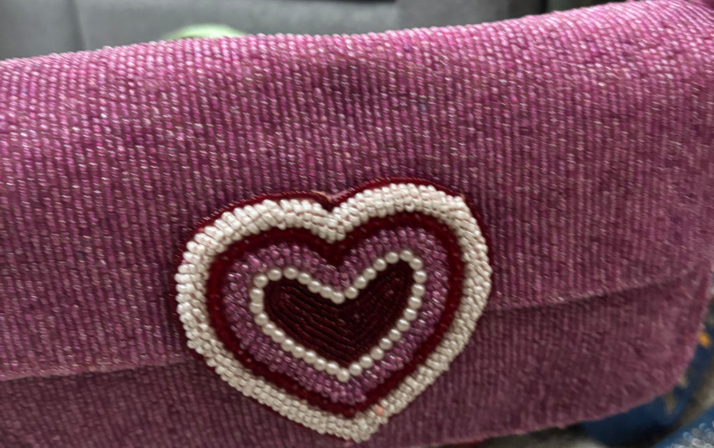 Pink Heart Beaded Shoulder Bag | Heart earings | Bridal Party Purse | Pink Evening Bag | Gift for Her