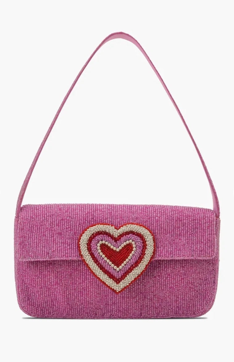 Pink Heart Beaded Shoulder Bag | Heart earings | Bridal Party Purse | Pink Evening Bag | Gift for Her