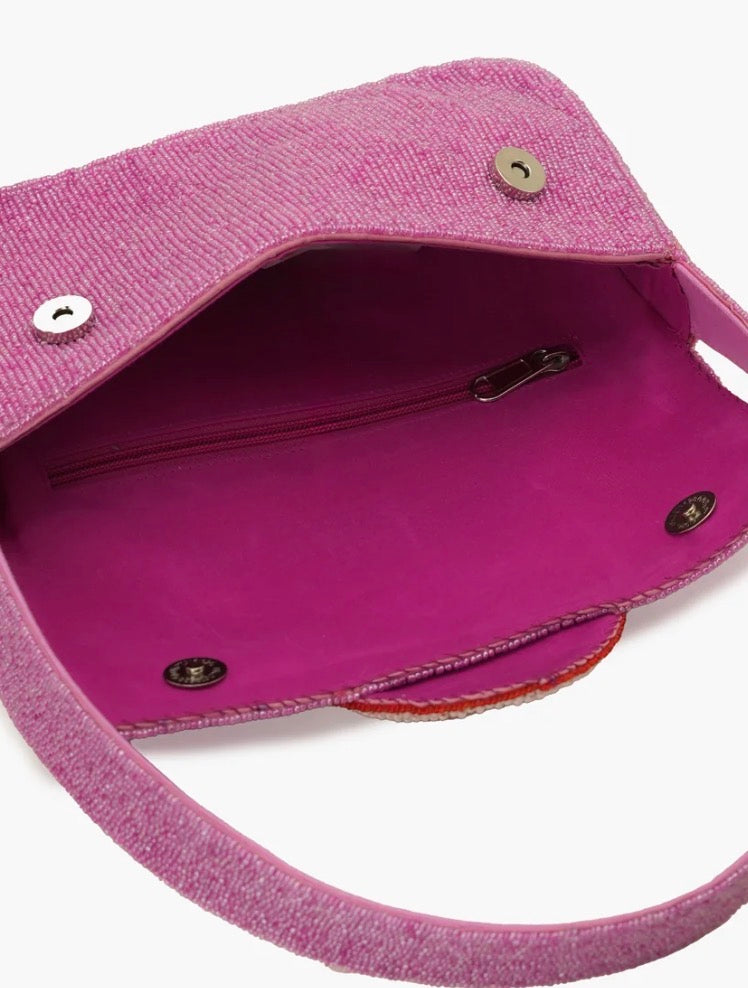 Pink Heart Beaded Shoulder Bag | Heart earings | Bridal Party Purse | Pink Evening Bag | Gift for Her