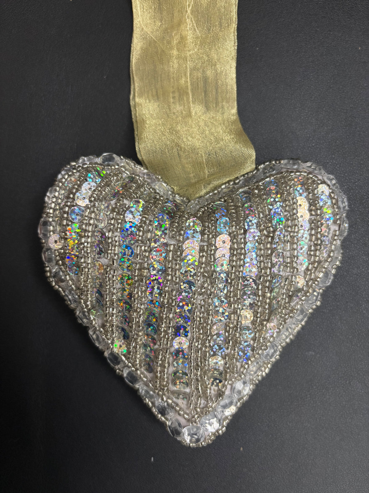 Silver Beaded Heart Ornament, Sparkly Sequin Heart Hanging Decoration