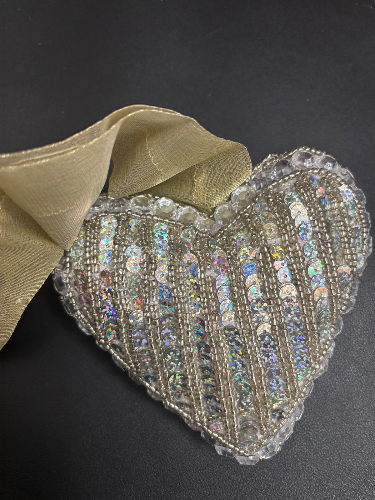 Silver Beaded Heart Ornament, Sparkly Sequin Heart Hanging Decoration