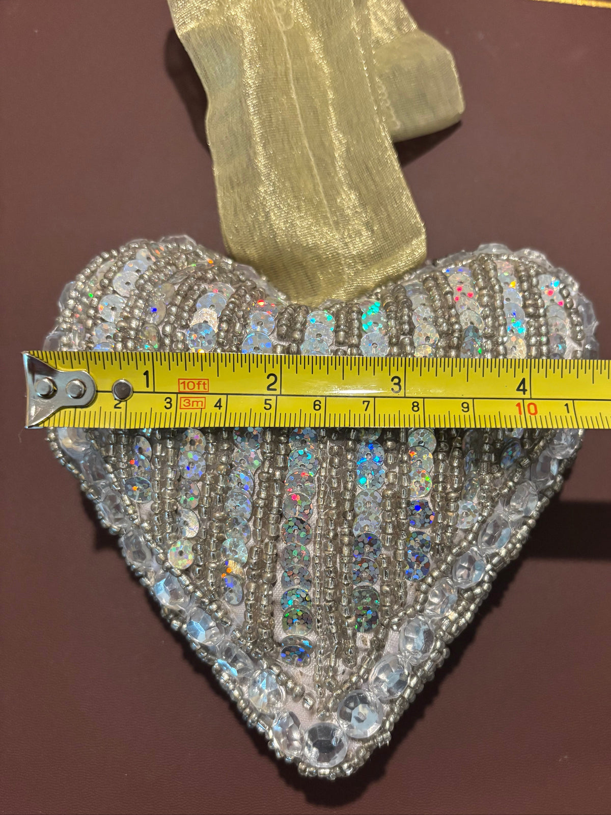 Silver Beaded Heart Ornament, Sparkly Sequin Heart Hanging Decoration