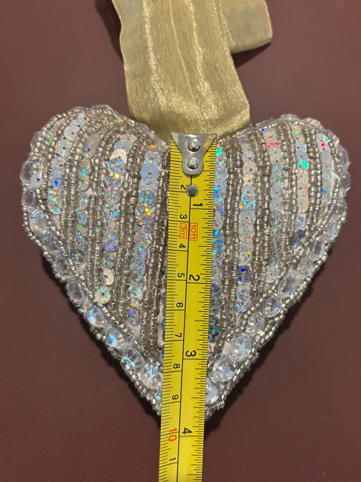 Silver Beaded Heart Ornament, Sparkly Sequin Heart Hanging Decoration