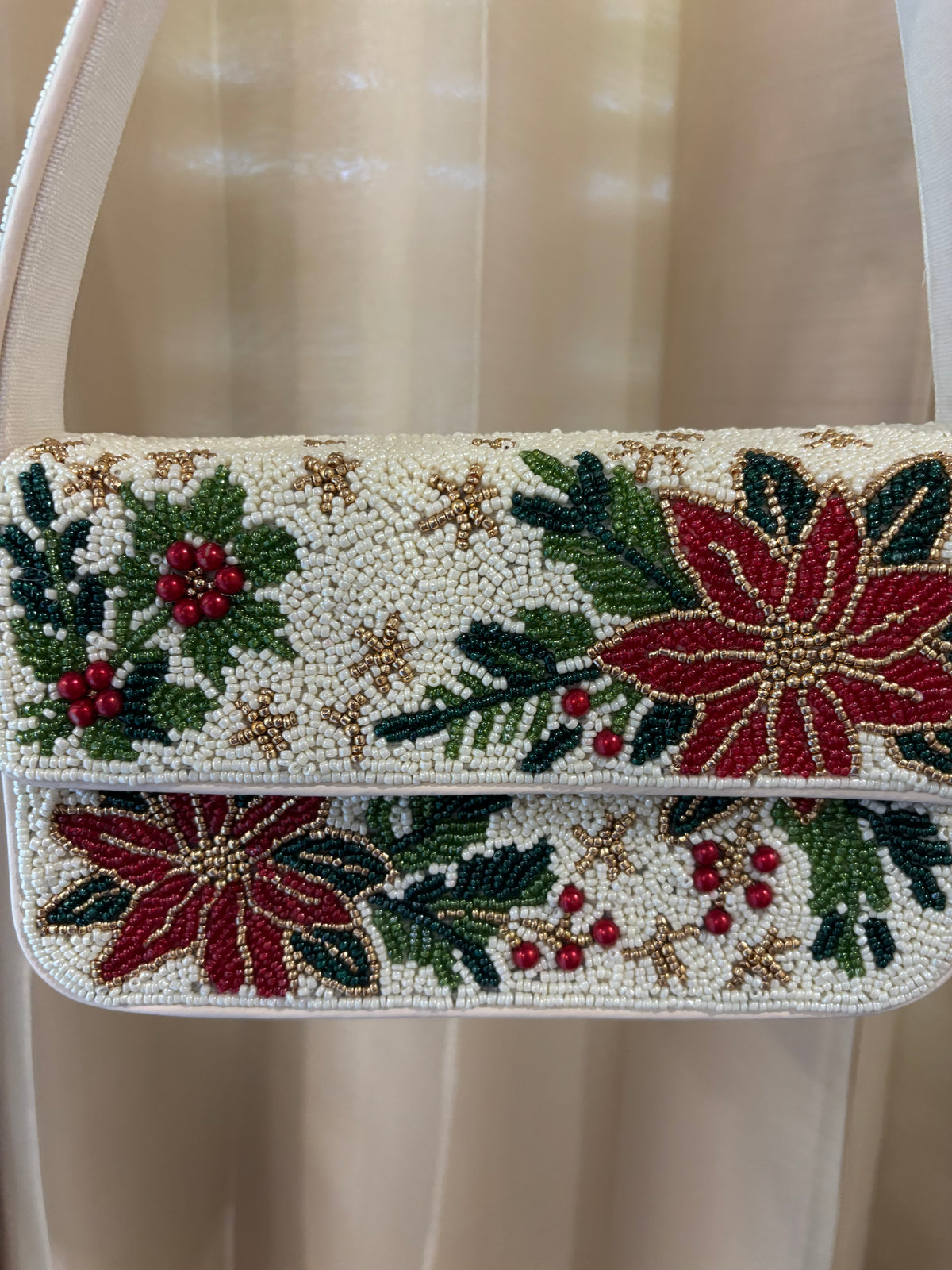 Christmas Poinsettia Beaded Shoulder Bag, Holiday Floral Handbag, Christmas Party Bag, Festive Gift for Her