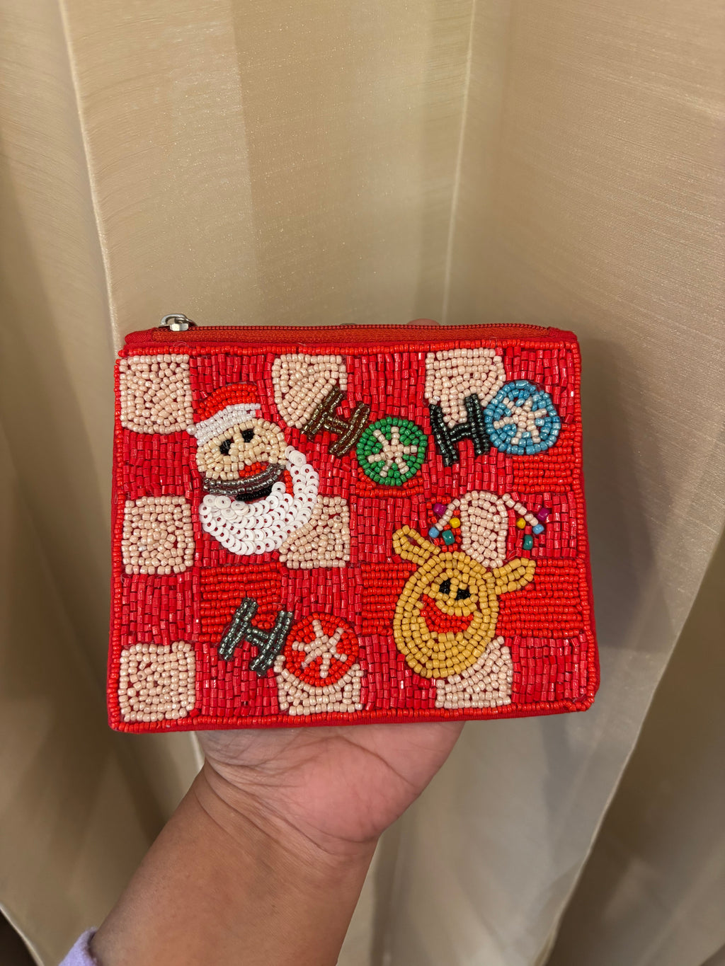 Christmas Beaded Coin Pouch, Santa & Reindeer, Festive Gift for Her- 5*4 inches approx