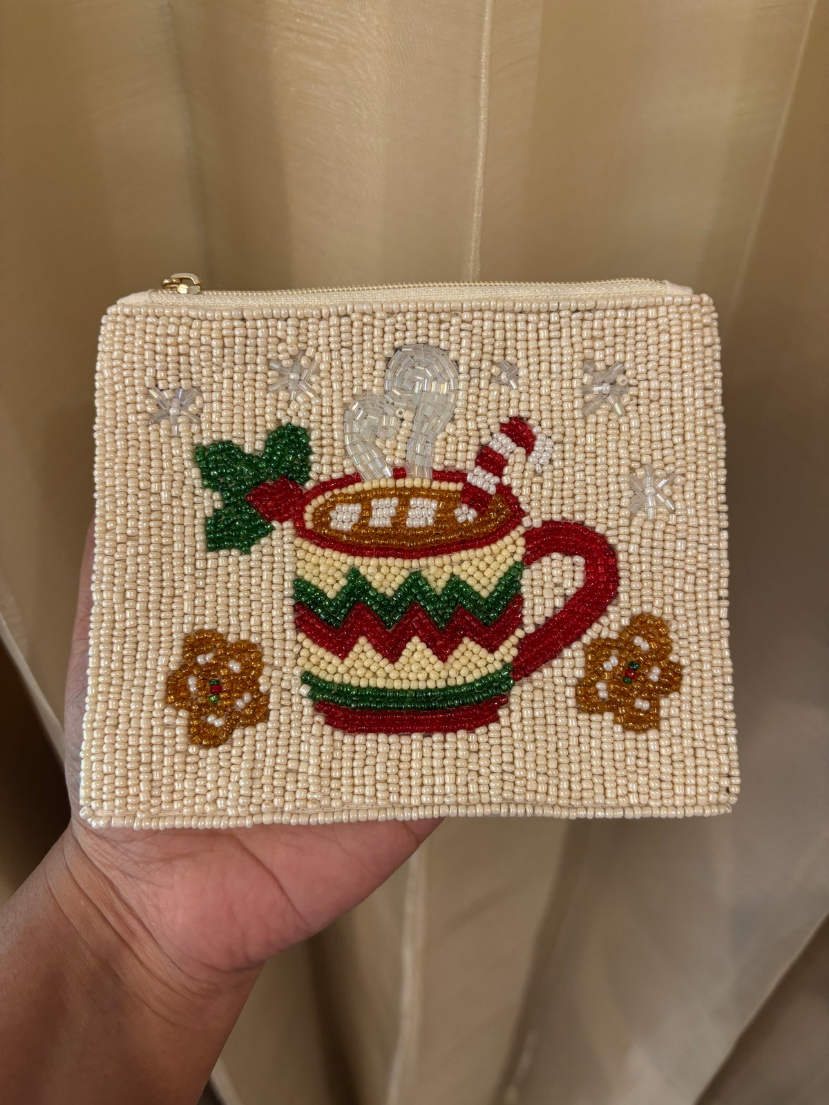 Christmas Hot Cocoa Beaded Pouch, Holiday Mug, Gingerbread Beaded, Festive Zipper Purse