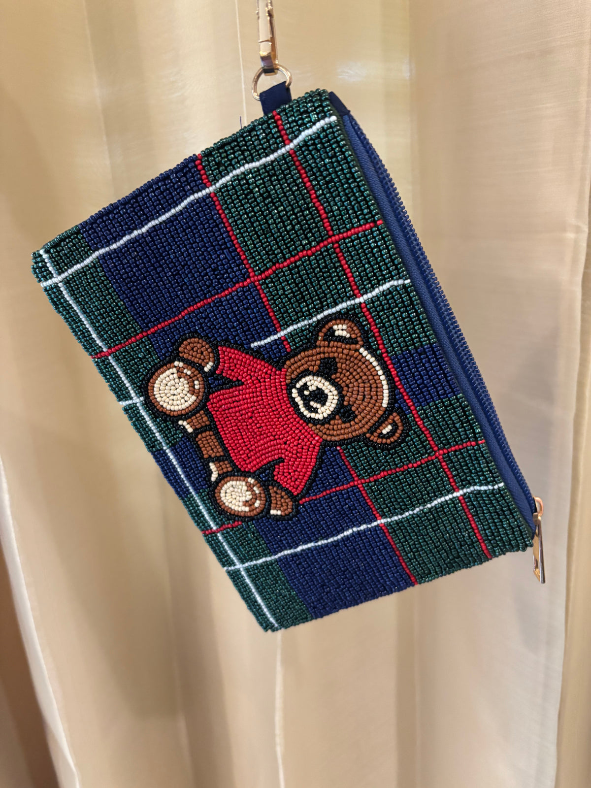 Teddy Bear Beaded Wristlet, Plaid Beaded Zipper Pouch- 7.5*5 inches approx