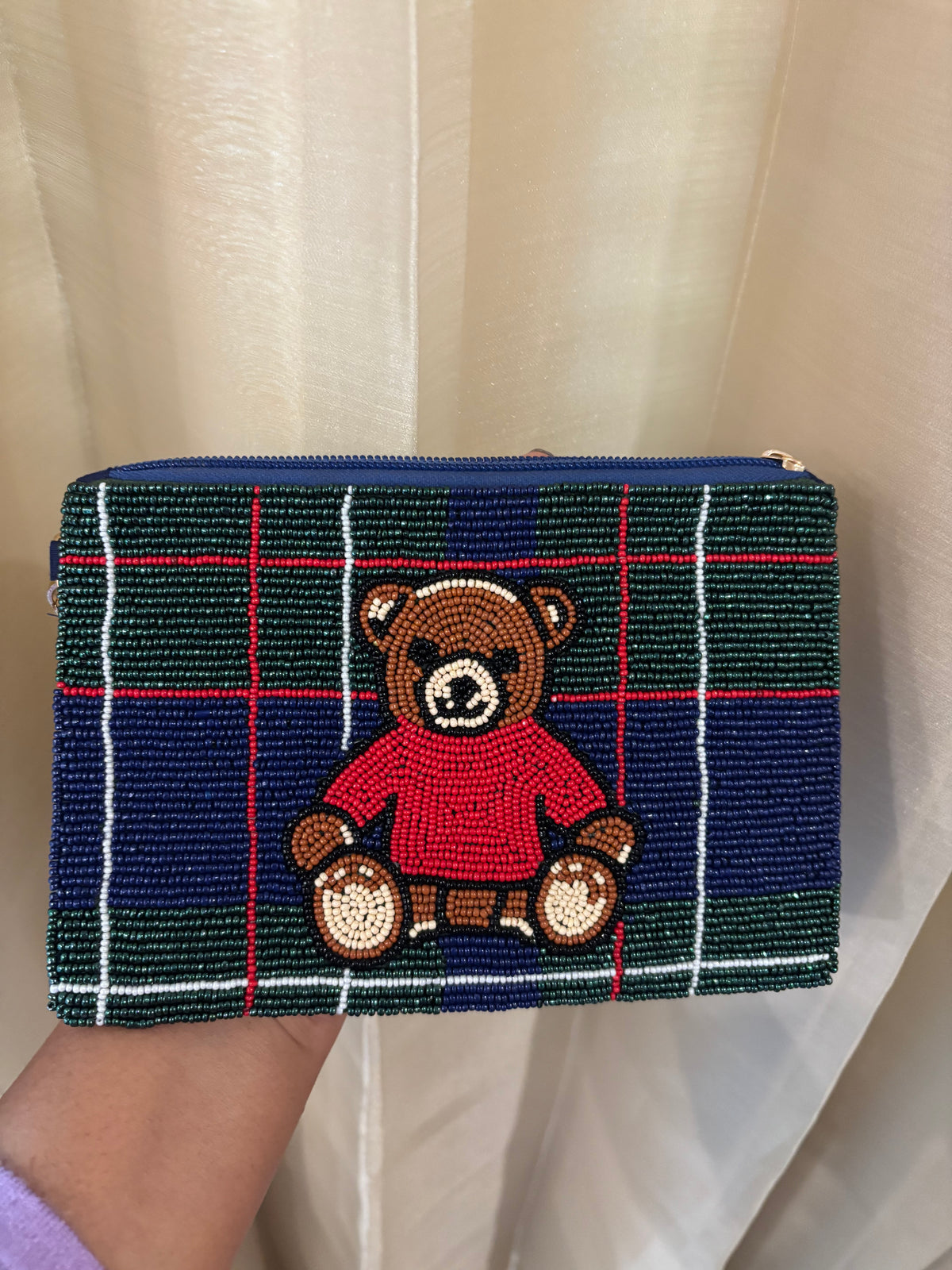 Teddy Bear Beaded Wristlet, Plaid Beaded Zipper Pouch- 7.5*5 inches approx