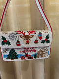 Christmas Beaded Shoulder Bag, Merry Christmas Reindeer Purse, Holiday Beaded Crossbody Bag, Christmas Gift for Her