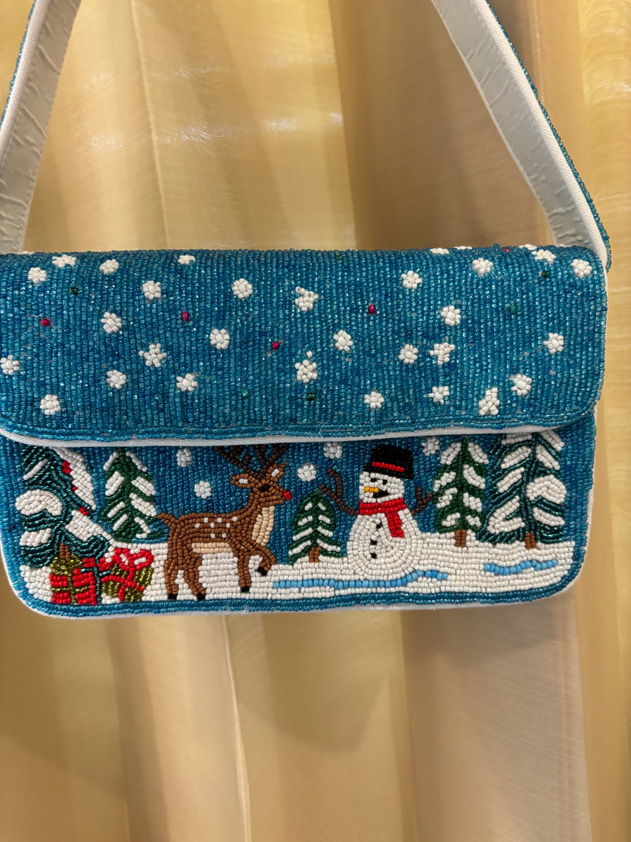 Christmas Beaded Shoulder Bag, Blue Snowman & Reindeer Purse, Winter Wonderland Beaded Handbag, Holiday Crossbody Bag, Gift for Her