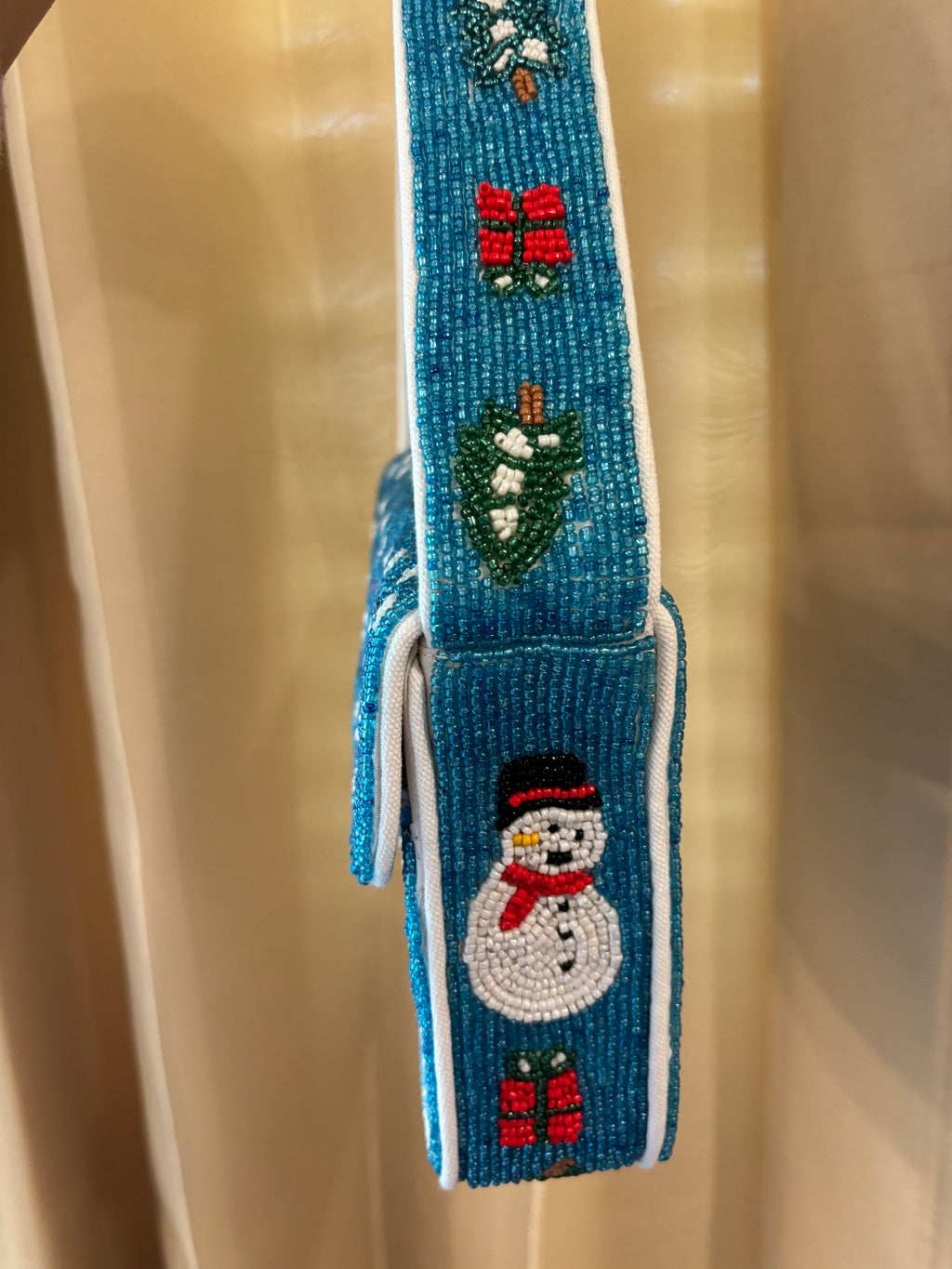 Christmas Beaded Shoulder Bag, Blue Snowman & Reindeer Purse, Winter Wonderland Beaded Handbag, Holiday Crossbody Bag, Gift for Her