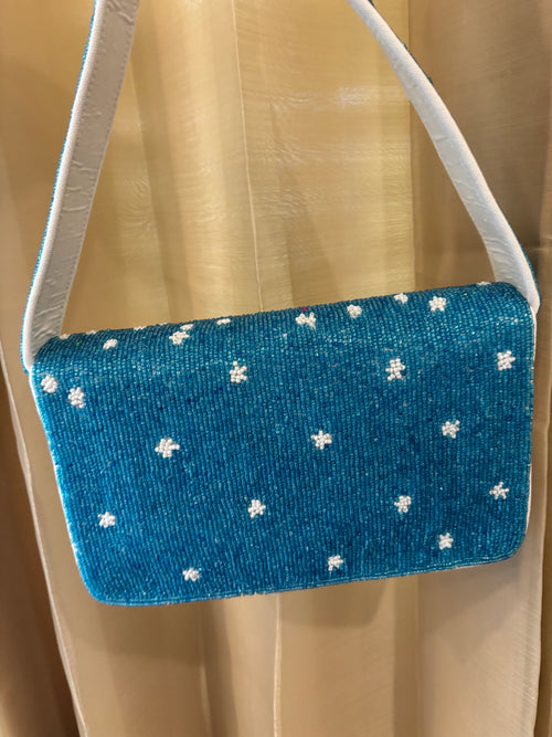 Christmas Beaded Shoulder Bag, Blue Snowman & Reindeer Purse, Winter Wonderland Beaded Handbag, Holiday Crossbody Bag, Gift for Her