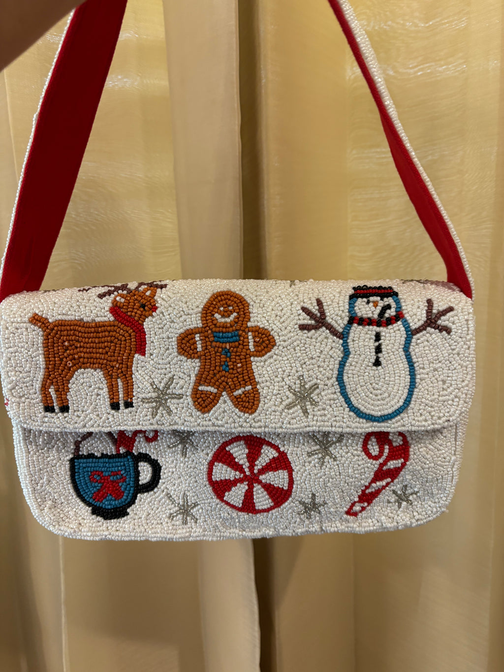 Christmas Beaded Shoulder Bag, Holiday Gingerbread Purse, Snowman Reindeer Handbag, Candy Cane Beaded Bag, Festive Gift for Her