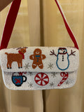 Christmas Beaded Shoulder Bag, Holiday Gingerbread Purse, Snowman Reindeer Handbag, Candy Cane Beaded Bag, Festive Gift for Her