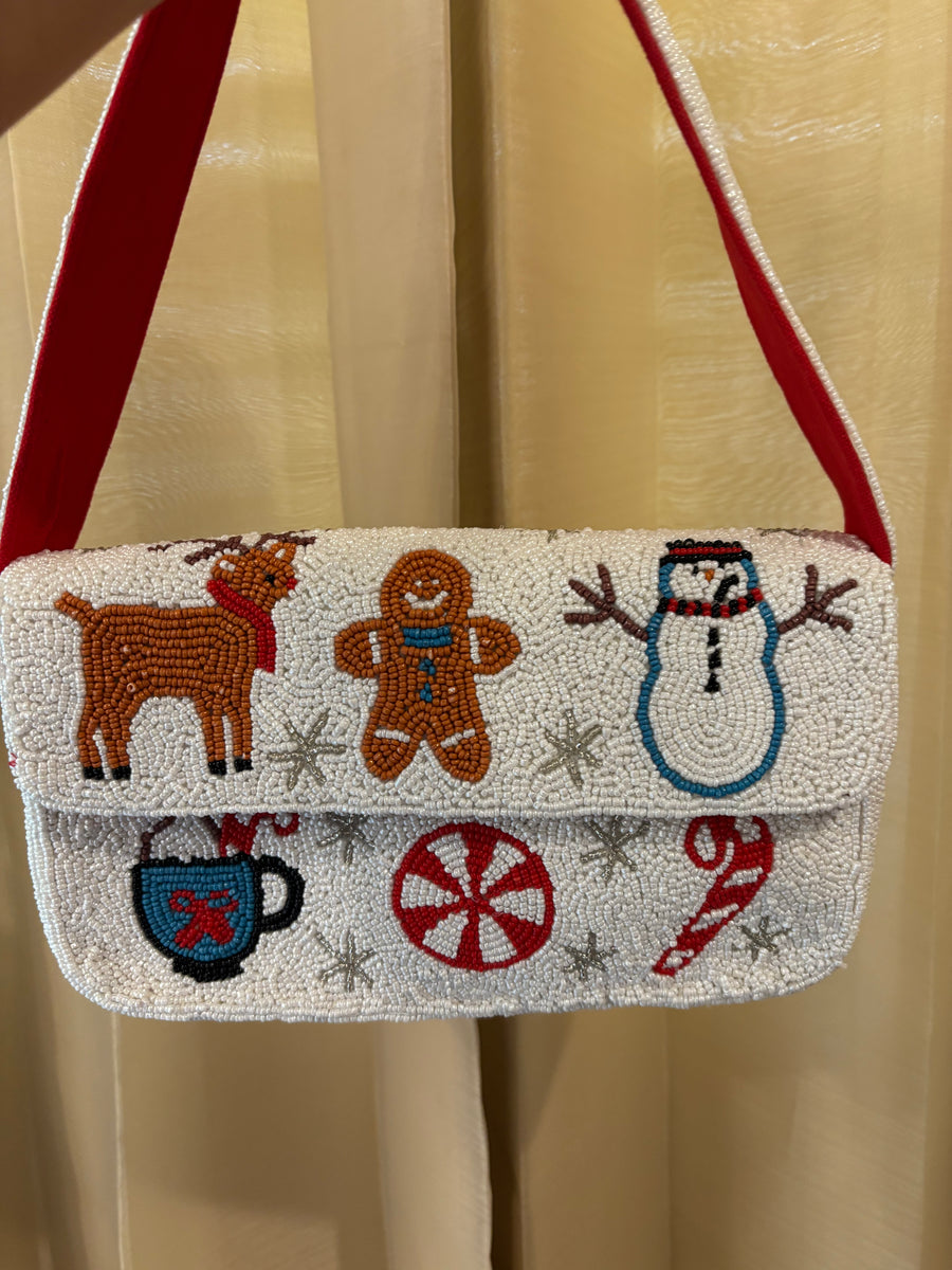 Christmas Beaded Shoulder Bag, Holiday Gingerbread Purse, Snowman Reindeer Handbag, Candy Cane Beaded Bag, Festive Gift for Her