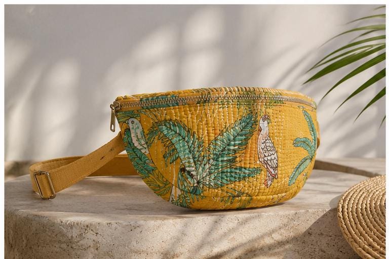 Hand Block Printed Cotton Quilted Crossbody Bag, Tropical Parrot Floral Sling Purse