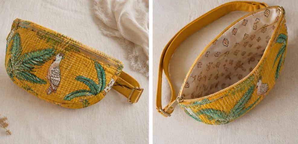 Hand Block Printed Cotton Quilted Crossbody Bag, Tropical Parrot Floral Sling Purse