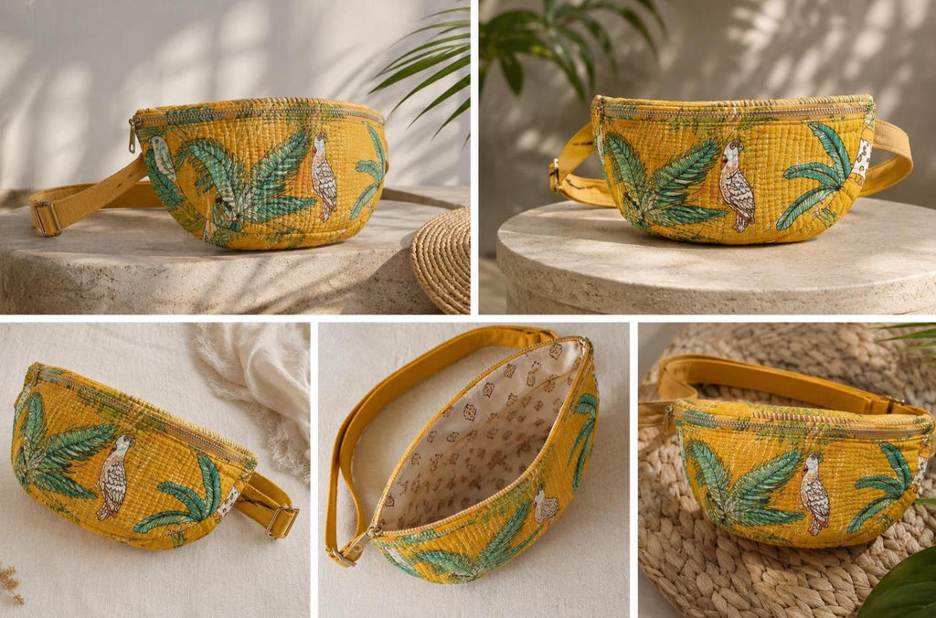 Hand Block Printed Cotton Quilted Crossbody Bag, Tropical Parrot Floral Sling Purse