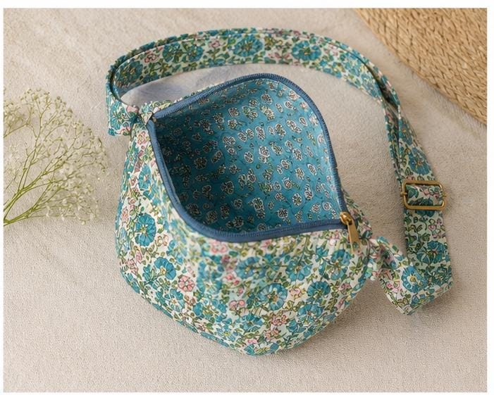 Blue Haveli Floral Quilted Cotton Crossbody Bag, Artisan Block-Printed Sling Purse