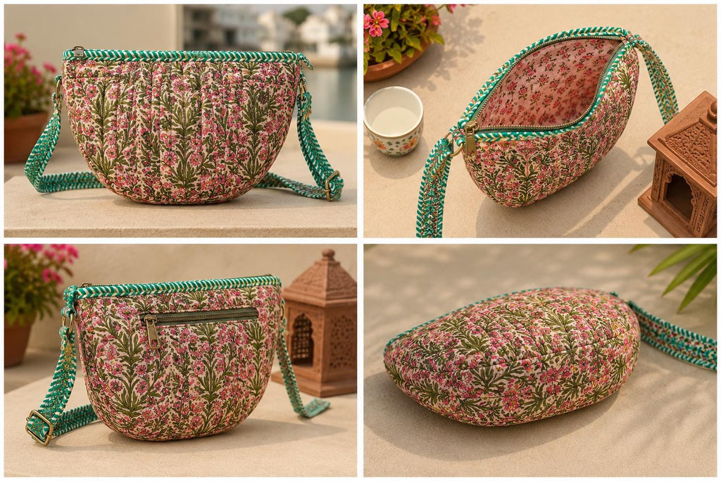 Hand Block Printed Cotton Quilted Bag, Floral Boho Sling Purse, Artisan Travel Shoulder Bag