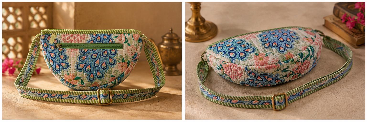 Hand Block Print Cotton Quilted Crossbody Bag, Artisan India Sling Purse, Boho Travel Bag