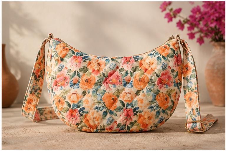 Hand Block Printed Floral Cotton Quilted Crossbody Bag, Artisan Boho Sling Purse