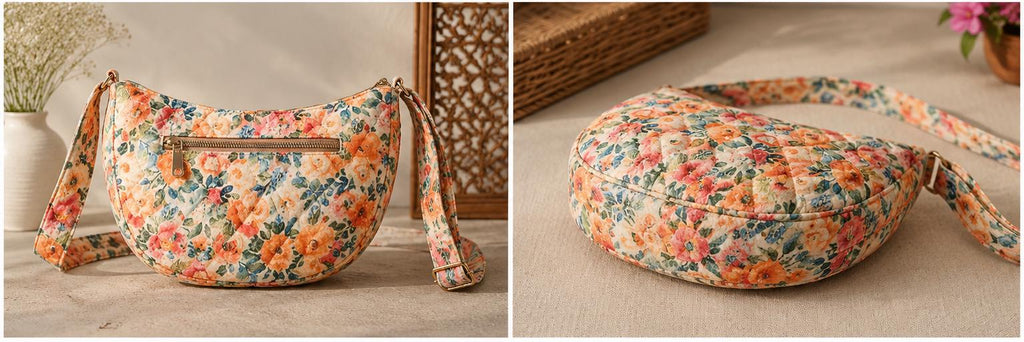 Hand Block Printed Floral Cotton Quilted Crossbody Bag, Artisan Boho Sling Purse