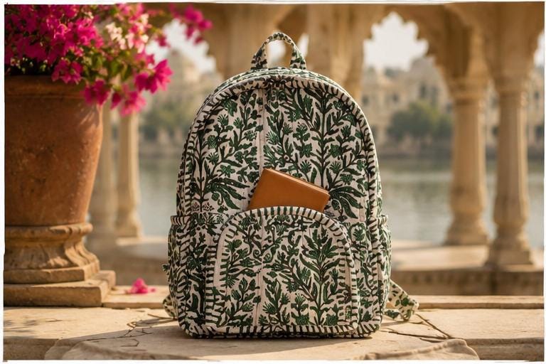 Hand Block Printed Cotton Quilted Backpack, Boho Floral Travel Daypack, Lightweight Everyday Bag