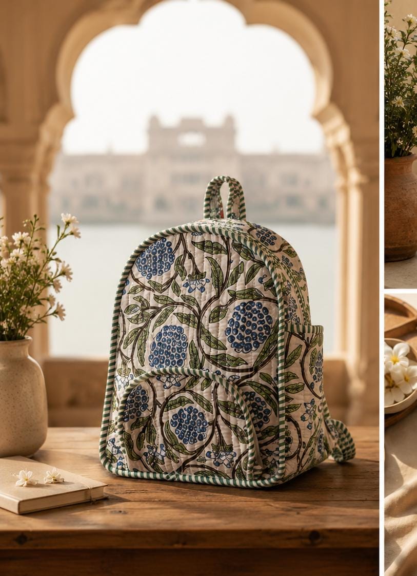 Hand Block Printed Quilted Cotton Backpack, Boho Floral Travel Daypack, Lightweight Everyday Bag