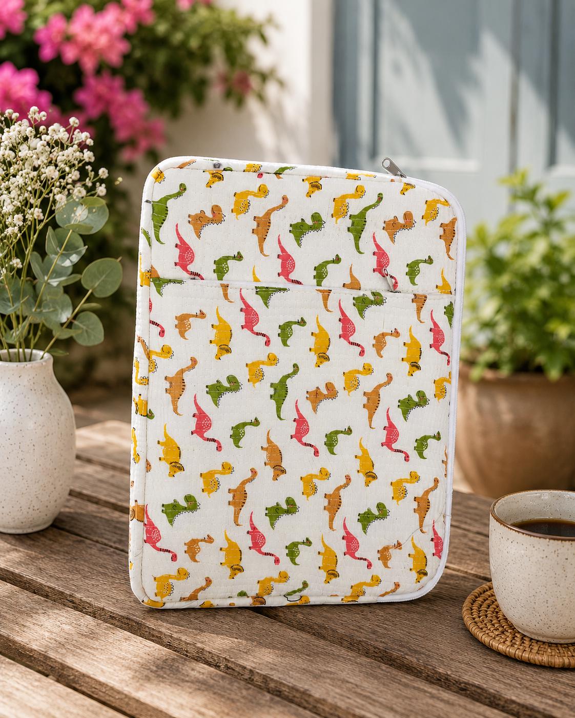 Quilted Dinosaur Print Laptop Sleeve | Bohemian Cotton iPad Bag (15x11 inches)