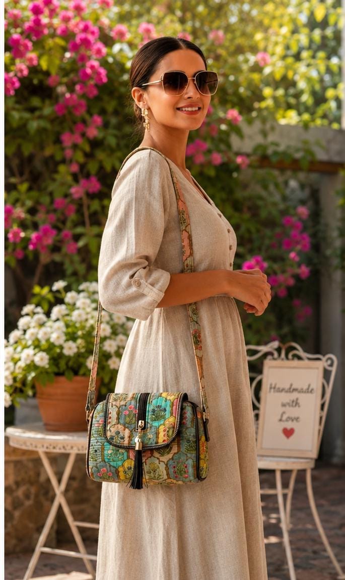 Quilted Dinosaur Print Cotton Sling Bag | Boho Crossbody Travel Purse
