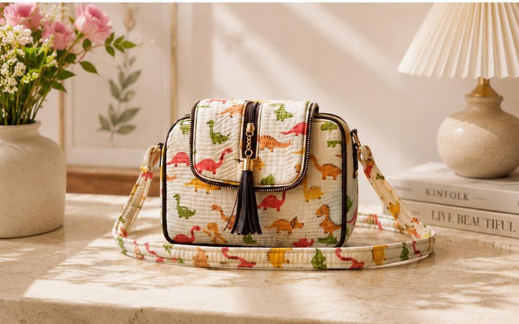 Quilted Dinosaur Print Cotton Sling Bag | Boho Crossbody Travel Purse