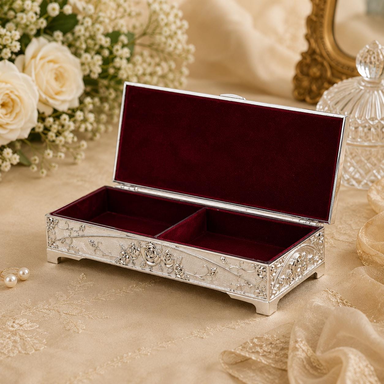 German Silver Peacock Box: Velvet Lined Jewelry Organizer, Decorative Storage
