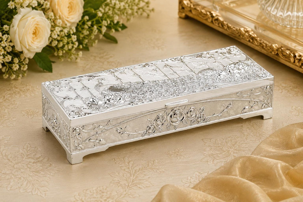 German Silver Peacock Box: Velvet Lined Jewelry Organizer, Decorative Storage