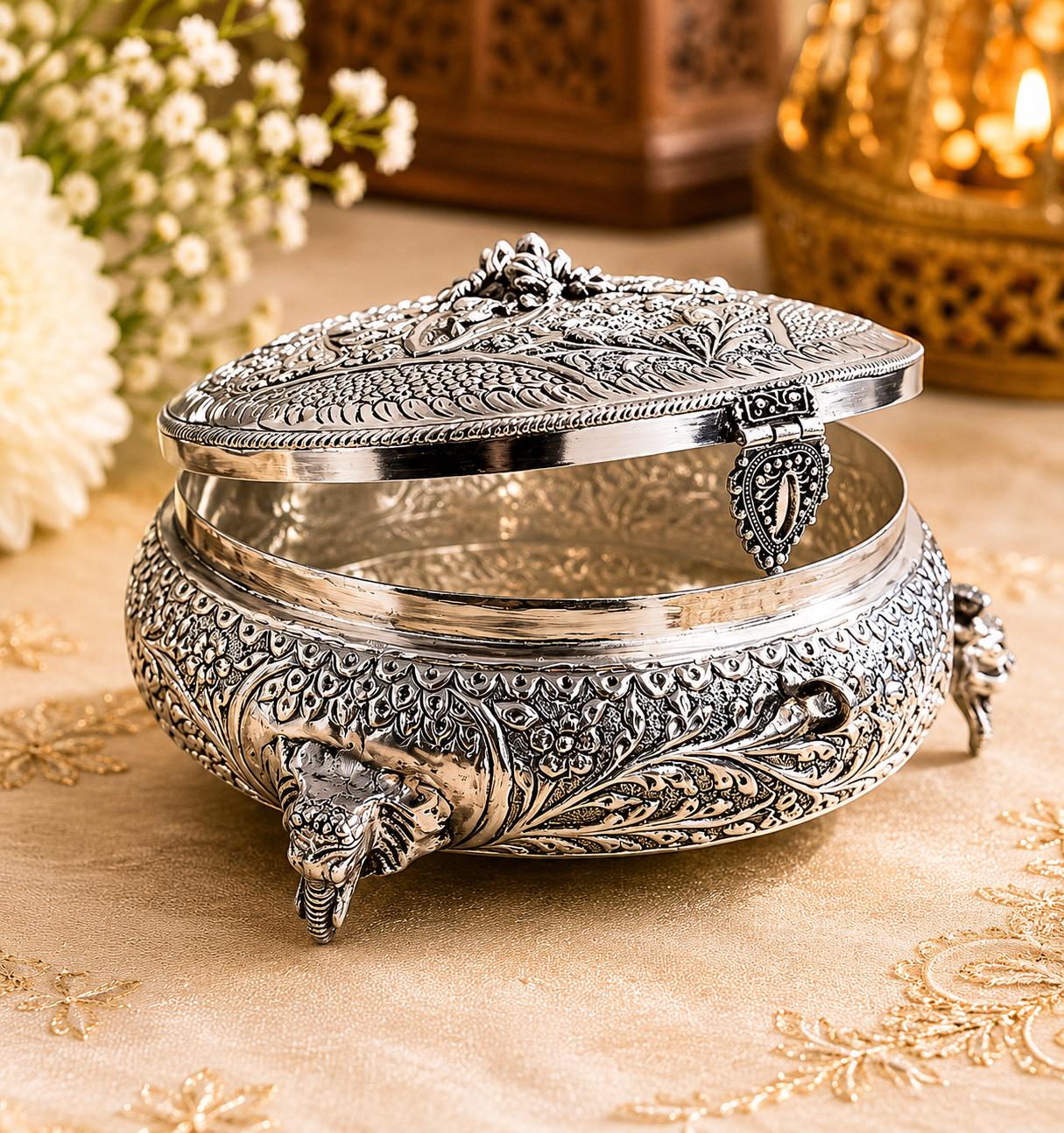 Antique German Silver Hand Engraved Storage Box | Mughal Art Jewelry Candy Jar