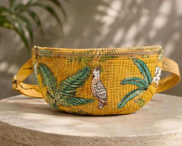 Hand Block Printed Cotton Quilted Crossbody Bag, Tropical Parrot Floral Sling Purse