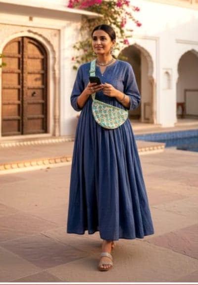 Blue Haveli Floral Quilted Cotton Crossbody Bag, Artisan Block-Printed Sling Purse