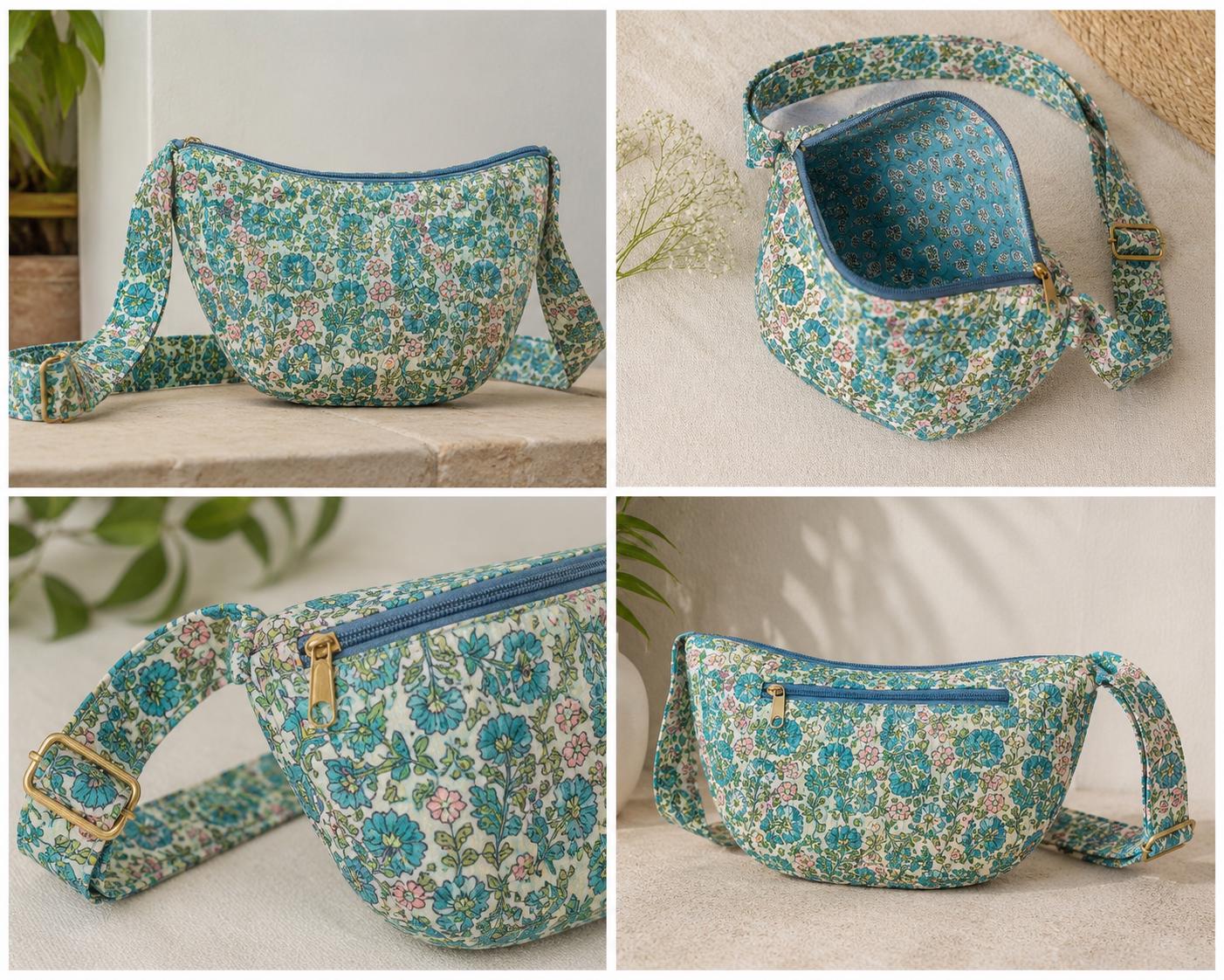 Blue Haveli Floral Quilted Cotton Crossbody Bag, Artisan Block-Printed Sling Purse
