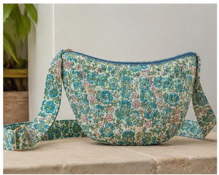 Blue Haveli Floral Quilted Cotton Crossbody Bag, Artisan Block-Printed Sling Purse
