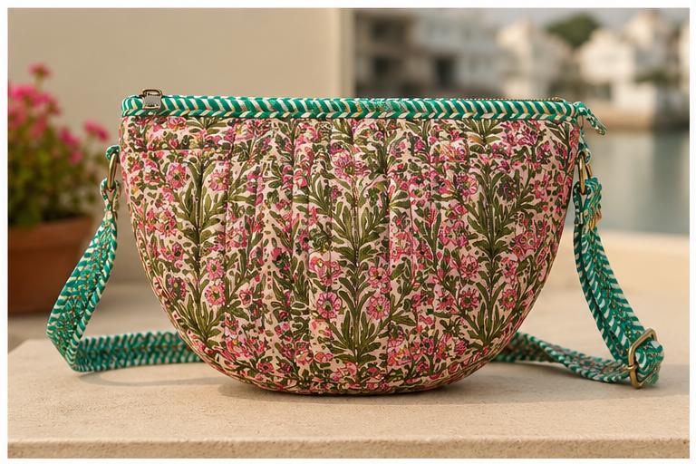 Hand Block Printed Cotton Quilted Bag, Floral Boho Sling Purse, Artisan Travel Shoulder Bag