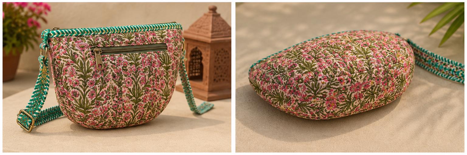 Hand Block Printed Cotton Quilted Bag, Floral Boho Sling Purse, Artisan Travel Shoulder Bag