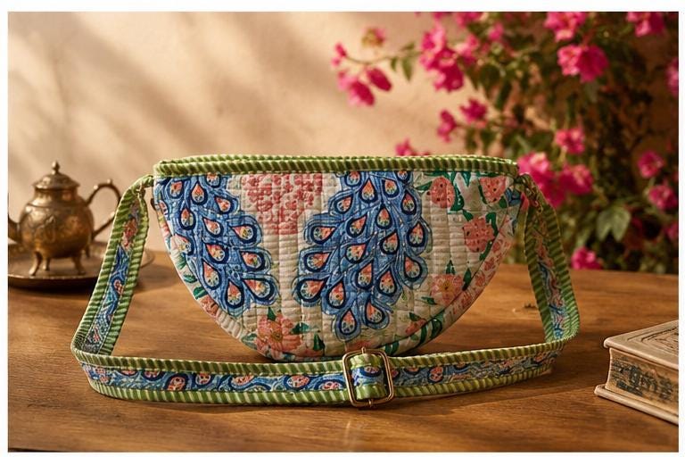 Hand Block Print Cotton Quilted Crossbody Bag, Artisan India Sling Purse, Boho Travel Bag