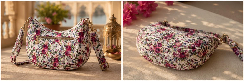 Floral Quilted Cotton Crossbody Bag, Hand Block Printed Sling Purse, Boho Travel Shoulder Bag