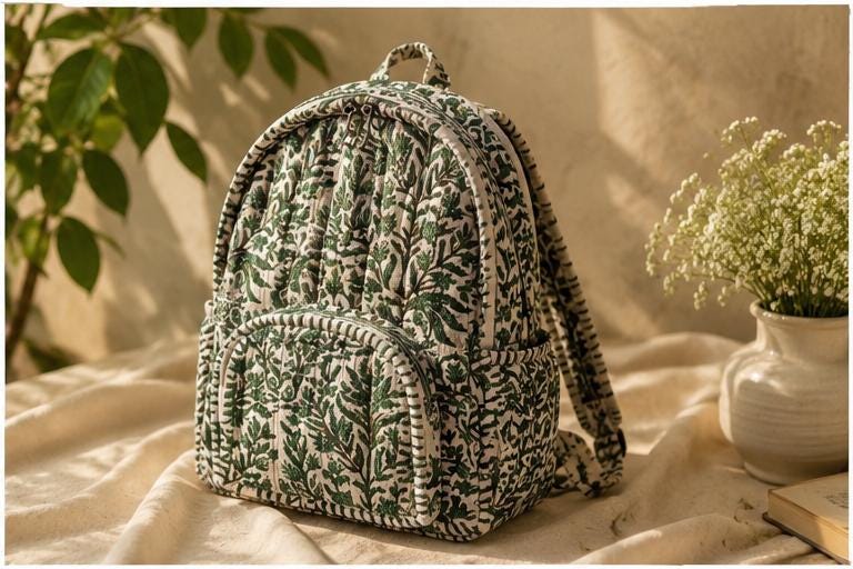 Hand Block Printed Cotton Quilted Backpack, Boho Floral Travel Daypack, Lightweight Everyday Bag