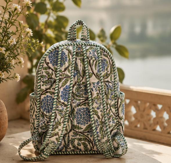 Hand Block Printed Quilted Cotton Backpack, Boho Floral Travel Daypack, Lightweight Everyday Bag